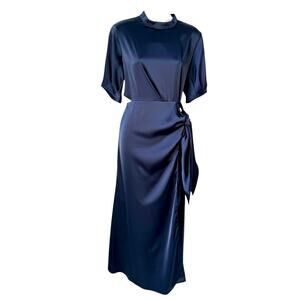 Womens Blue Satin Asymmetrical Dress Large Blue Cut Out Waist Lined Quiet Luxury